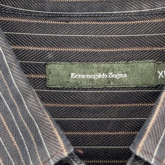 ERMENEGILDO ZEGNA Shirt Mens XL Striped Herringbone Twill Button Up Cotton Brown - Picture 4 of 15